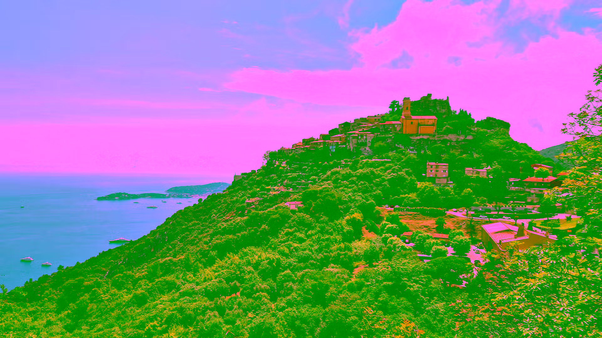 Èze Village overlooking the Mediterranean Sea on a bright summer day, hilltop village landscape, Nice Èze Monaco shore excursion