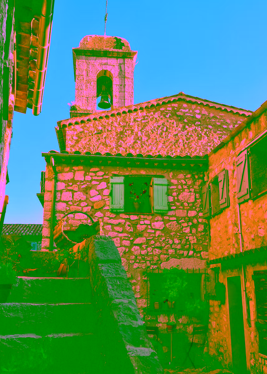 Gourdon village church bell tower and stone steps, Provence — shore excursion from Cannes